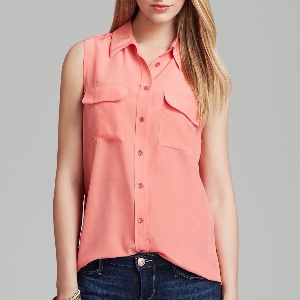Equipment Femme Blouse Women's S 100% Silk Sleeveless Button Front Peach